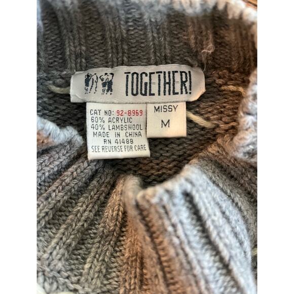 Vintage Fall Gray Flower Striped Acrylic/Lambswool Chunky Sweater-M - Picture 3 of 5